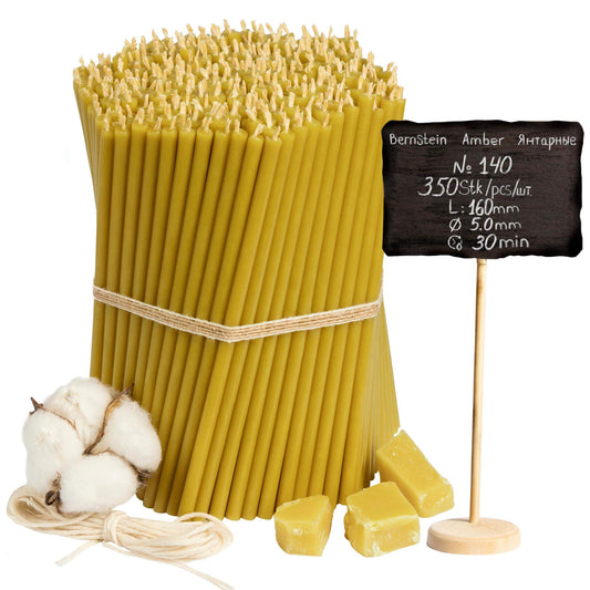 Diveevo Church Beeswax Candles №140 - Amber 350 pcs. I high-quality ritual candles L-16 cm Ø-5.0 mm I 30 min burning time in honey yellow I 1 kg thin candles drip- and smoke-free.