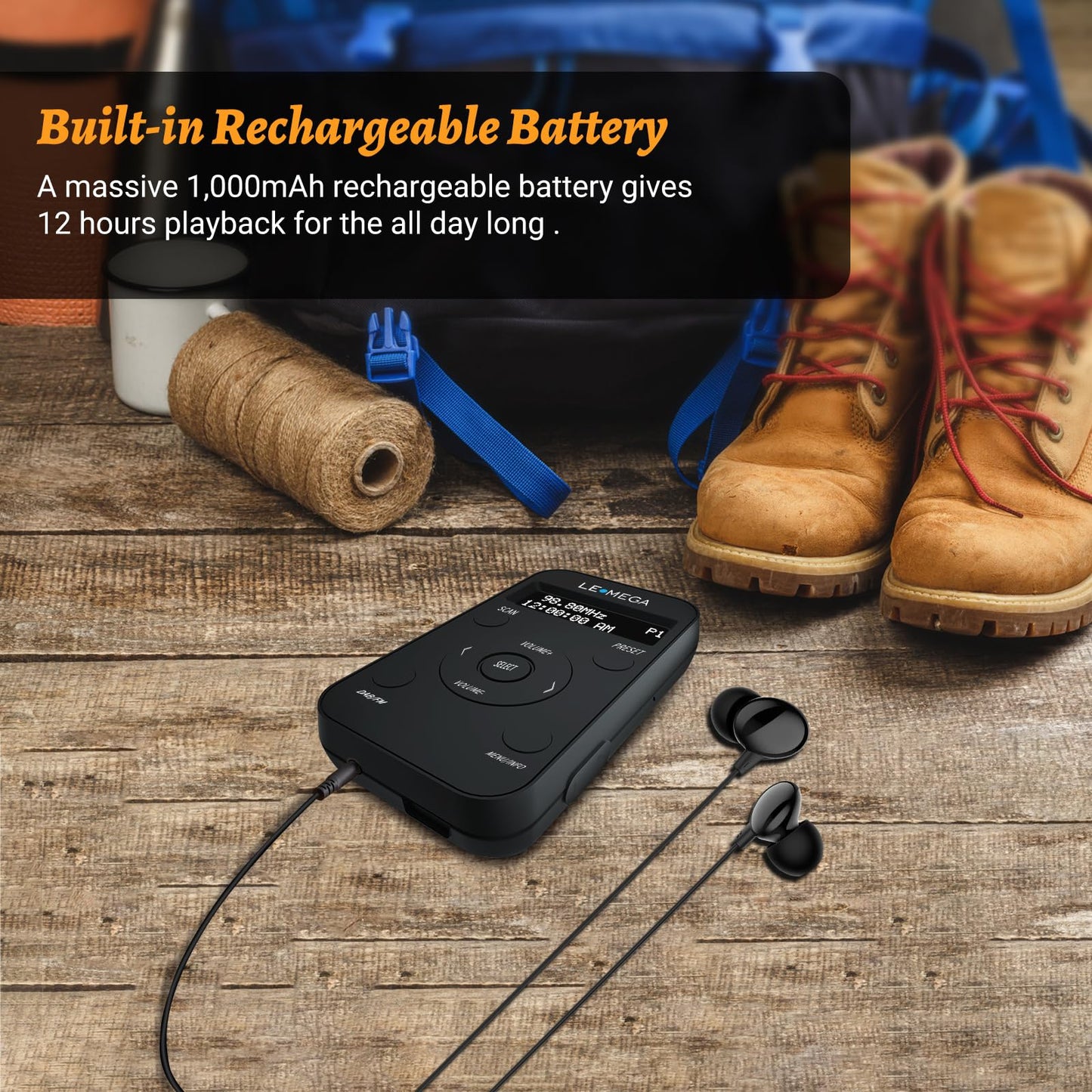 LEMEGA PR1L portable DAB/FM radio with rechargeable battery, 20 preset stations, LCD display, and headphones included. Sporty design with lockable switch, black color.
