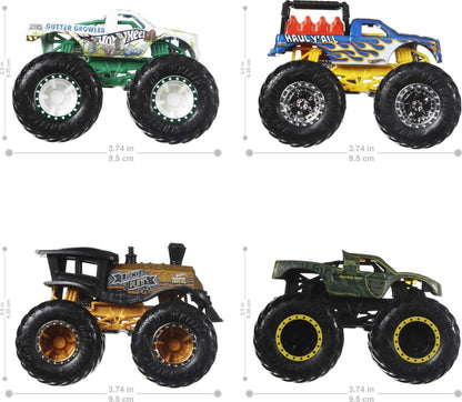 Hot Wheels GBP23 - Monster Trucks 1:64 Die Cast Assortment with huge wheels, gift for kids aged 3-6, includes 4 toy cars, Black, 4-pack
