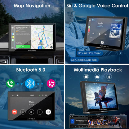 aphqua 2023 Newest Wireless Apple Carplay & Android Auto, 7-inch Touchscreen Digital Media Car Radio Receiver Wirelessly Portable Car Radio with Mirror Link, Google, Bluetooth