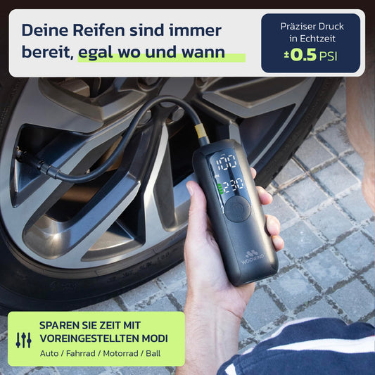 Woowind LP1 Electric Air Pump & Battery Compressor (150 PSI/10.3 Bar), Battery Air Pump for Car, Motorcycle, Scooter, Balls - Portable + Digital Display + LED.