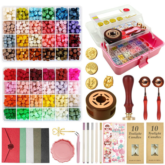 Improved wax seal set, wax seal stamp set with gift box, 48 colors 1200 pieces seal wax beads, 4 pieces wax seal stamps, seal wax warmer, envelopes, candles, metal pen.