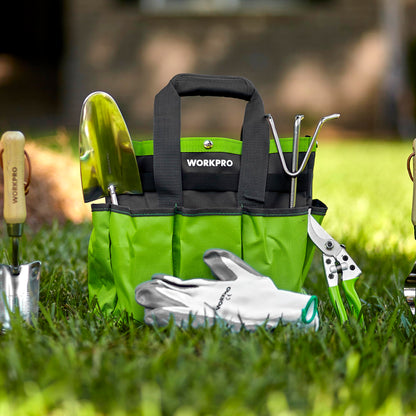WORKPRO garden tool set, 8 in 1 gardening tools with storage bag, made of stainless steel, garden trowel with wooden handle, floral scissors, garden claw, hand cultivator, gift for gardeners.
