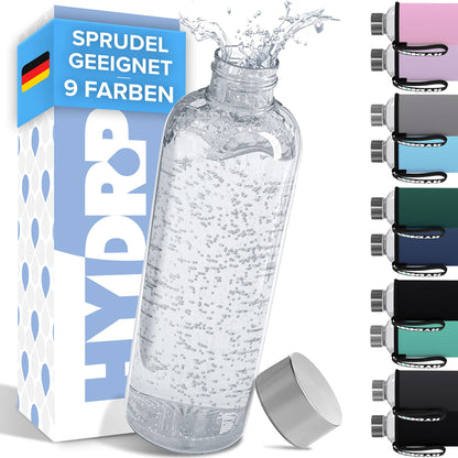 HYDROP® AWARD WINNING Glass Bottle 1 Liter with protective sleeve shatterproof - Glass drinking bottle in 1L or 750ml suitable for carbonation & leak-proof - Glass water bottle with high-quality gift packaging