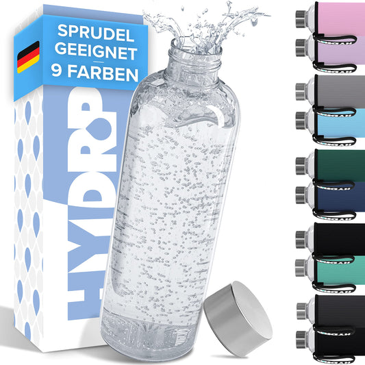 HYDROP® AWARD WINNING Glass Bottle 1 Liter with protective sleeve shatterproof - Glass drinking bottle in 1L or 750ml suitable for carbonation & leak-proof - Glass water bottle with high-quality gift packaging