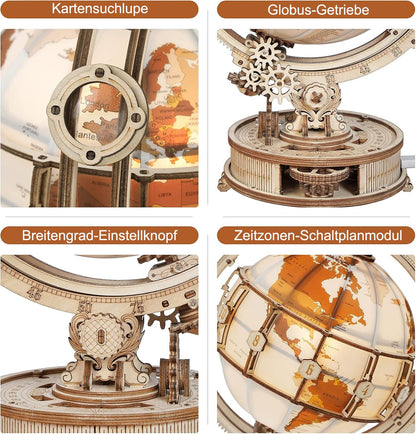 3D wooden puzzle for adults, wooden model light-up globe model kit with LED light. Rotating luminous globe wooden construction set as decoration, gift (180 pieces)