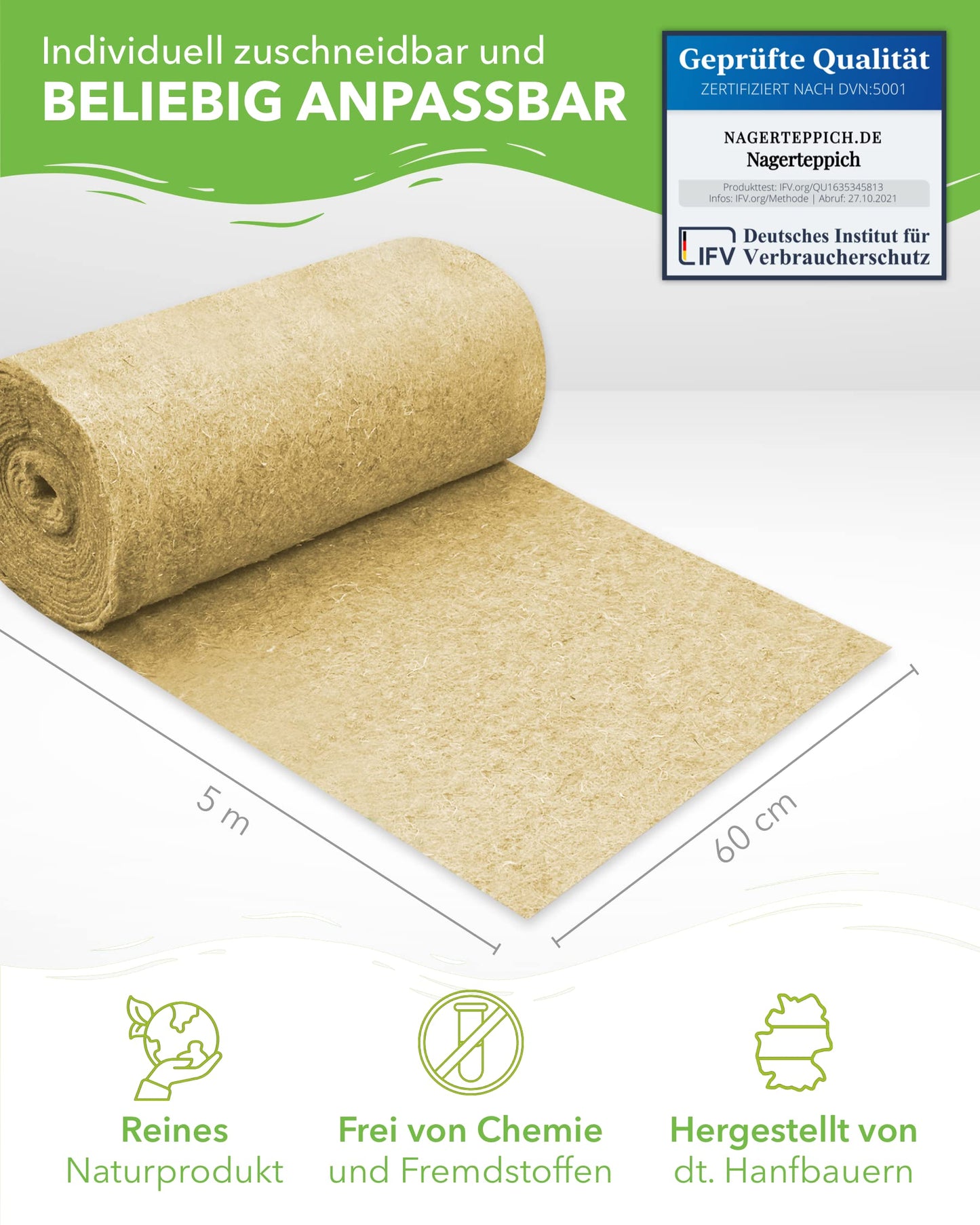 Hemp rug made of 100% hemp on a roll with 5m length, 60cm width, 5mm thick. Hemp rug for all small animals.