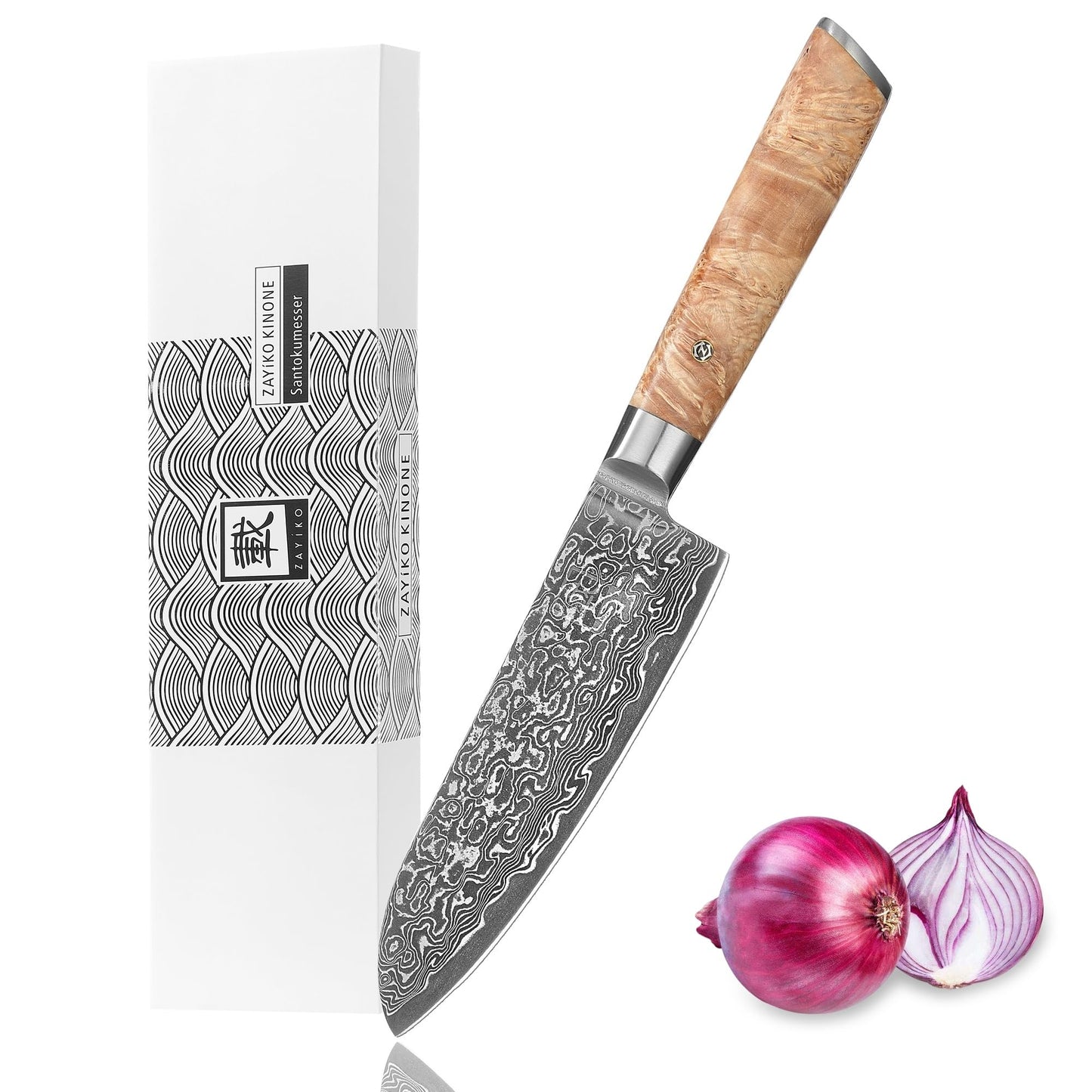 Zayiko Damascus Santoku Knife Blade 17 cm I made of 67 layers I Damascus kitchen knife made of real black Damascus steel with birch root wood handle Kinone series