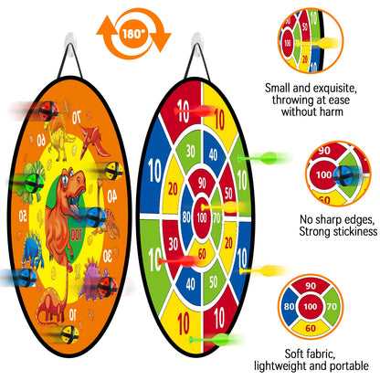 Children's dart board - 26 inches, Montessori toy with dinosaur theme dart board with 12 balls board games toy, two-sided safe game gift outdoor indoor game choice, 66cm