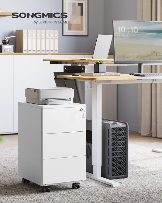 SONGMICS Drawer Cabinet, Rolling File Cabinet, Mobile Filing Cabinet, Metal Cabinet, Printer Stand, Lockable, 3 Drawers, Pre-Assembled, Office, Home Office, 40 x 30 x 54 cm, Matte White OFC079W01