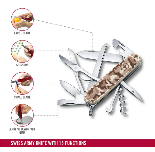 Victorinox Swiss Army Knife Huntsman, multitool with 15 functions, blade, corkscrew, can opener, foldable box, Desert Camouflage.