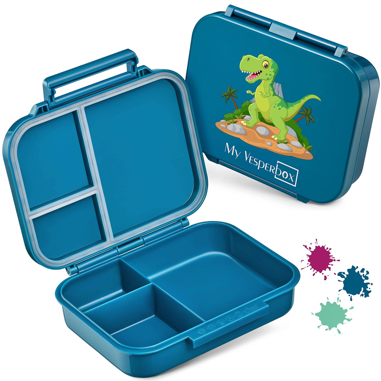 My Vesperbox - MINI BIA - Bento Box for Kids - NEW MODEL - more compact and lighter - Leakproof & BPA Free - Lunchbox - Snack box - for preschool and school (Petrol - T-Rex) 17x12.5x4.5cm