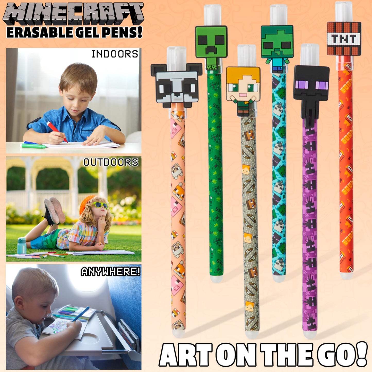 Minecraft Gel Pen Erasable 6-Pack, Erasable Gel Pen Set - Back to School Gifts for Boys.