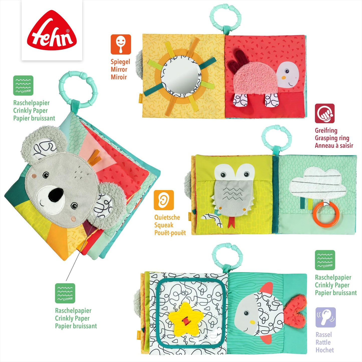 Fehn Fabric Book Baby Koala - Baby sensory book made of fabric - Baby toy book with squeaker, rattle and crinkle paper - Baby book with attachment ring - Fabric book for babies and toddlers from 3+ months.