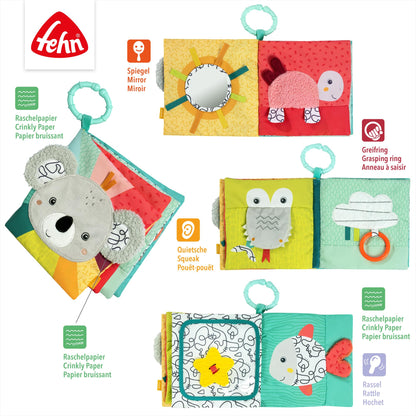 Fehn Fabric Book Baby Koala - Baby sensory book made of fabric - Baby toy book with squeaker, rattle and crinkle paper - Baby book with attachment ring - Fabric book for babies and toddlers from 3+ months.