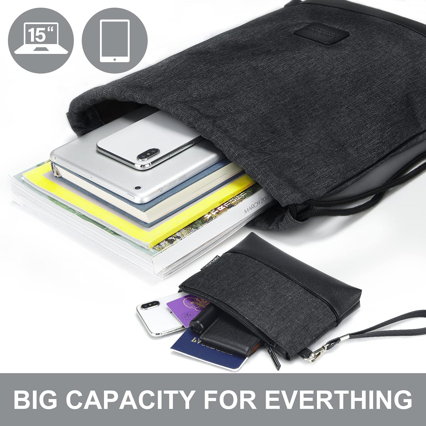 LIVACASA gym bag, made of water-resistant material with leather accents, lined with inner pocket and keychain. Perfect for men and women, this black gymsack includes an outer pocket and money pouch.