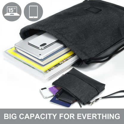LIVACASA gym bag, made of water-resistant material with leather accents, lined with inner pocket and keychain. Perfect for men and women, this black gymsack includes an outer pocket and money pouch.