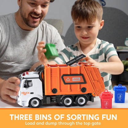 JOYIN Garbage Truck Toy for 3 4 5 6 Year Old Kids Boys and Girls, Trash Truck Toy, Garbage Truck Kids with Trash Bin, Light and Sounds, Screwdriver Toy, for DIY Assembly (orange)