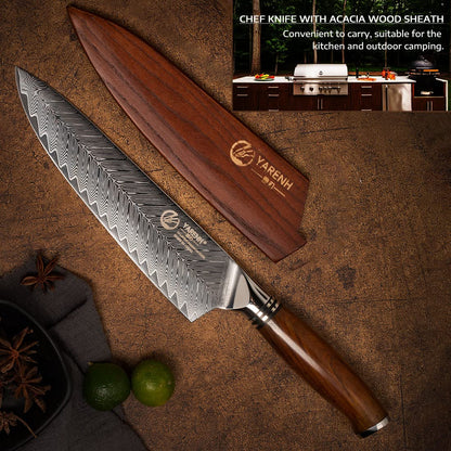 YARENH Damascus Knife Professional Chef's Knife 20.5 cm, 73 Layers Damascus Steel Kitchen Knife, Sharp Chef Knife, with Exquisite Sandalwood Handle, with Walnut Wood Sheath.