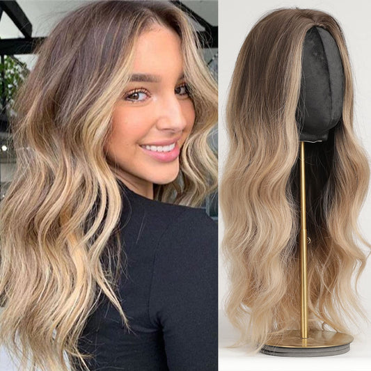 Haircube long wigs for women, center parting, dark roots.