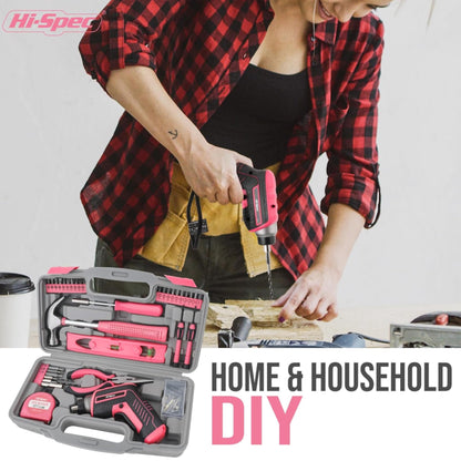 Hi-Spec 35-piece pink home DIY tool set with rechargeable USB drill. Ideal for repairs and maintenance in a convenient tool box - perfect for women and girls.