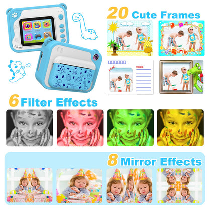 Ukuu Instant Camera 2.4 Inch 1080P Children's Camera with 3 Rolls of Printing Paper and 5 Color Brush Pen Gift for Kids Screen Black and White Photo Camera with 32GB Memory Card for Christmas - Blue