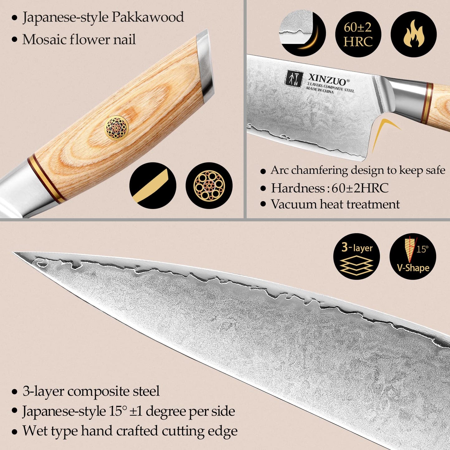 XINZUO 5-piece kitchen knife set made of composite steel, chef's knife set with 3 layers of composite steel 10Cr15CoMoV steel core, professional sharp Japanese knife set with Pakkawood handle.