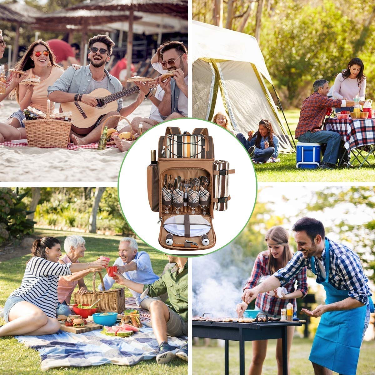 Hap Tim 4 Person Picnic Backpack Set with Insulated Leakproof Cooler Bag, Wine Holder, Fleece Blanket, Cutlery Set, Camping, Family, and Lover Gifts (EU-36079)