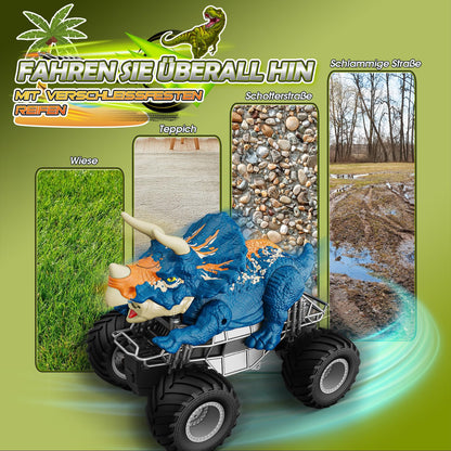 HappyGoLucky dinosaur toy for boys aged 3-10, monster truck RC car for ages 3-8 with mist spray, music, LED lights, outdoor Easter gift for kids.