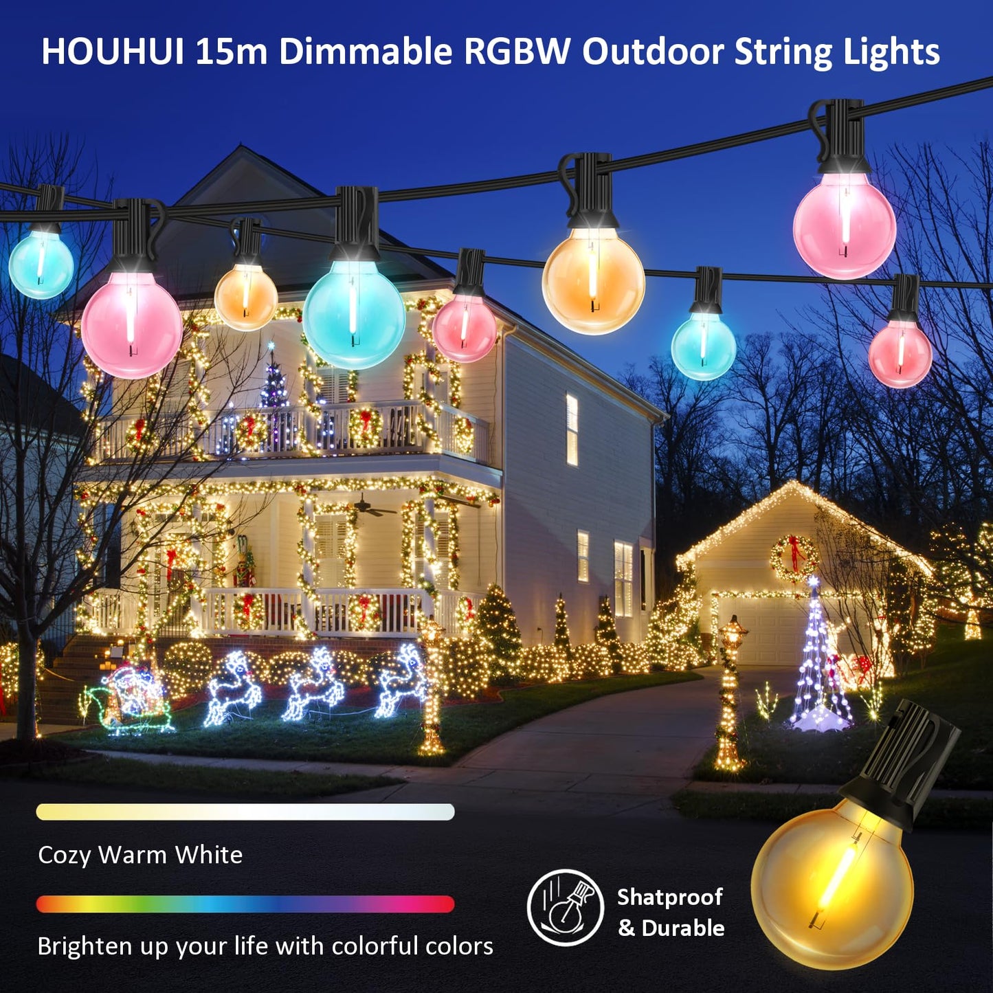 HOUHUI Outdoor String Lights 15M, RGBW with Remote Control, G40 Dimmable LED Hanging Lights Color Changing, Waterproof Christmas Lights for Weddings, Parties, 25+2 G40 Bulbs
