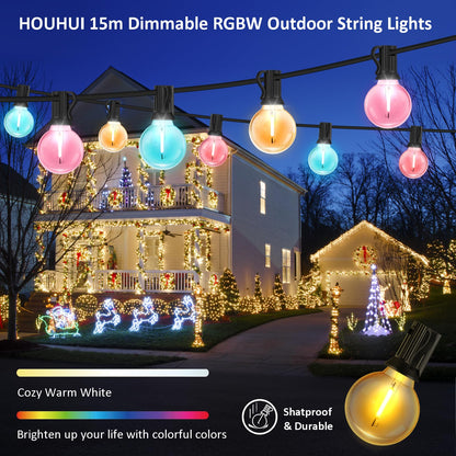 HOUHUI Outdoor String Lights 15M, RGBW with Remote Control, G40 Dimmable LED Hanging Lights Color Changing, Waterproof Christmas Lights for Weddings, Parties, 25+2 G40 Bulbs