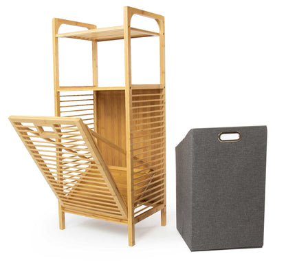osoltus Edge laundry sorter - Bamboo bathroom shelf with foldable laundry basket - laundry cabinet - bathroom organizer - laundry sorting system - 40x30x90 cm