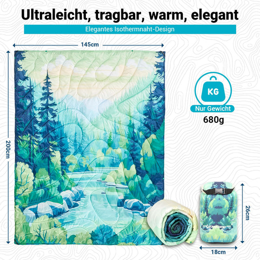 KingCamp Travel Blanket Ultra-Light, Outdoor Camping Blanket Warm Water-Resistant Compact small pack size for camping Office Home Outdoor large Colorful, (Forest, 200x145cm)