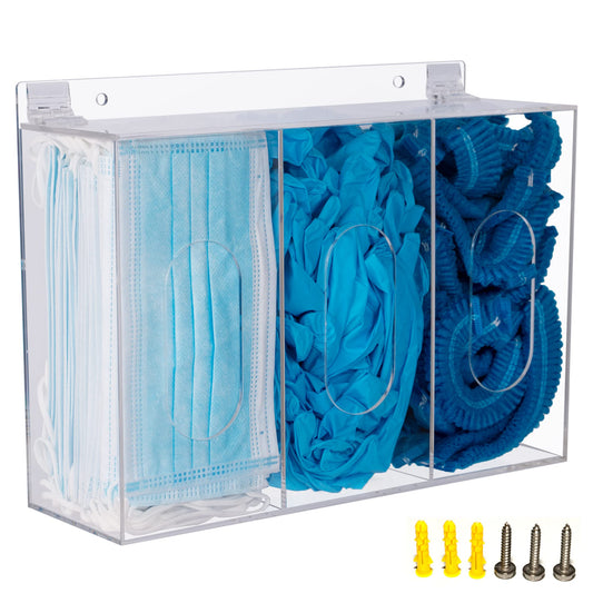KOEMEHR Acrylic Disposable Face Masks and Glove Dispenser 3-way acrylic storage box with lid, large holder stand, Bouffant Cap Dispenser, can hang on wall and stand on table.