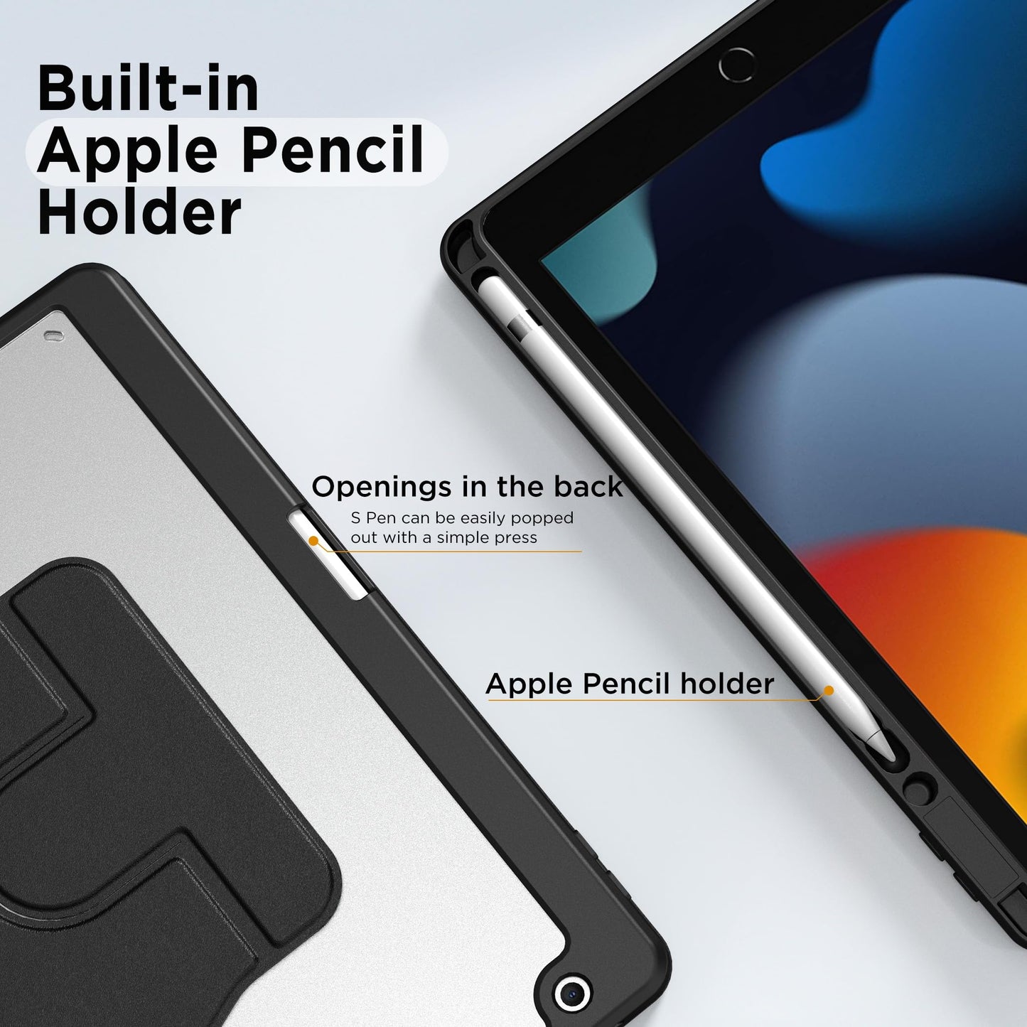 Cacoe Rotating Case for iPad 9th/8th/7th Generation 10.2-inch with Pencil Holder - 360 Degree Rotation Shockproof Protective Cover with Clear Hard Shell on the back, Black.