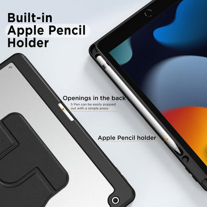 Cacoe Rotating Case for iPad 9th/8th/7th Generation 10.2-inch with Pencil Holder - 360 Degree Rotation Shockproof Protective Cover with Clear Hard Shell on the back, Black.