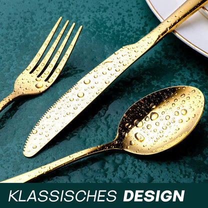 OGORI cutlery set for 6 people, 30 pieces. Mirror-polished gold cutlery set made of 18/10 stainless steel. Includes knives, forks, and spoons for home, parties, or restaurants. Comes in a gift box.