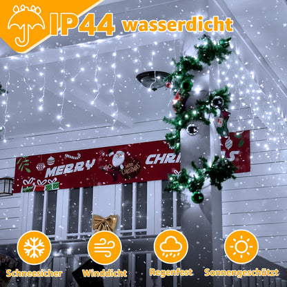 Ollny 49ft Outdoor Icicle Lights, 600 LED white Outdoor String Lights with Remote, 8 Lighting Modes Waterproof Christmas Lights for Balcony Window House Pavilion Patio Christmas Decor