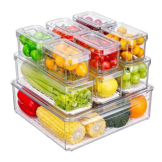 KUMD 10-piece refrigerator organizer, stackable refrigerator organizer with lids, BPA-free, clear fruit storage containers for refrigerator organization, for food, fruit, vegetables.