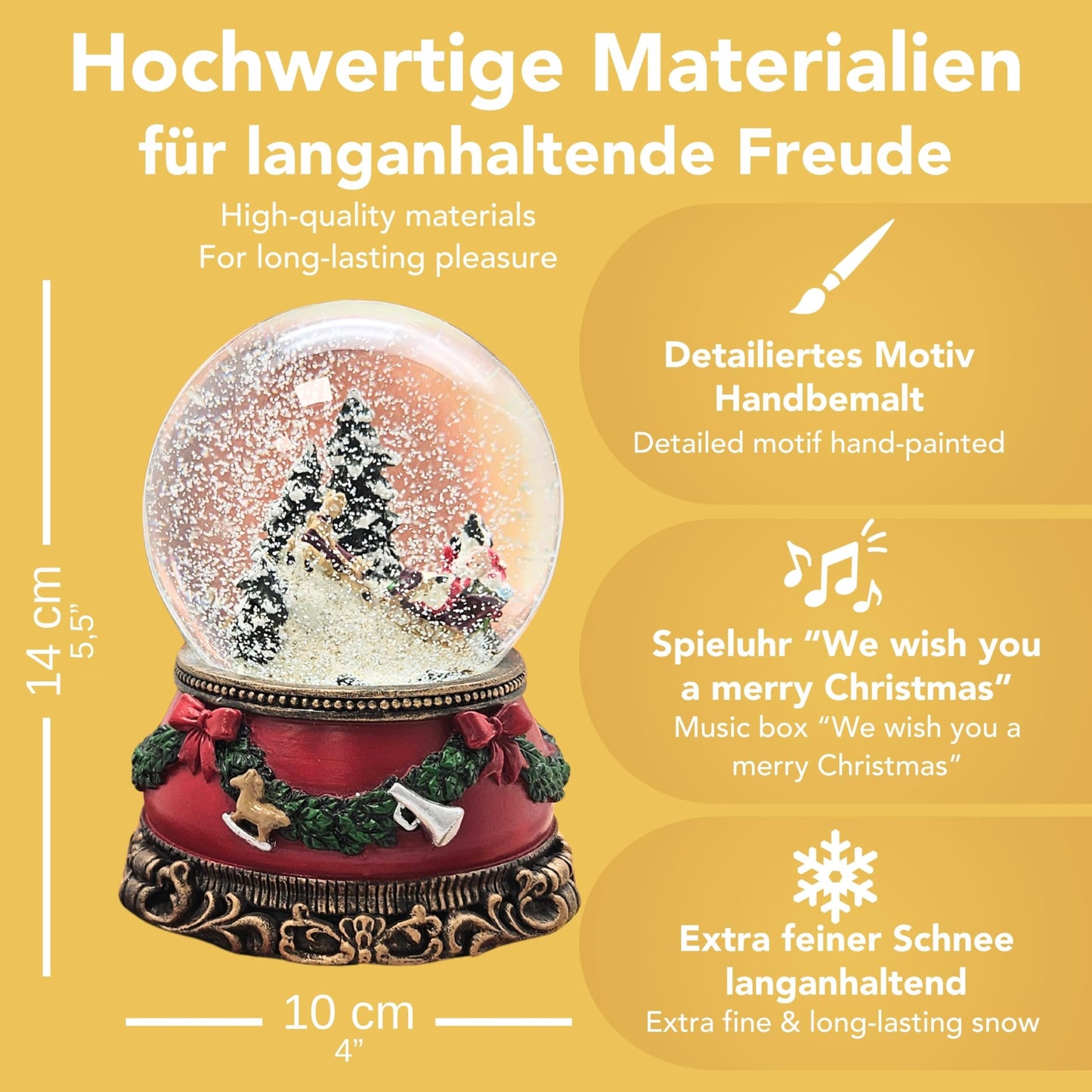 Snow globe Christmas music box | Santa in sleigh | Base Christmas red pine garland | with music | Shake ball Christmas decoration | W: 10 cm H: 14 cm | 20276