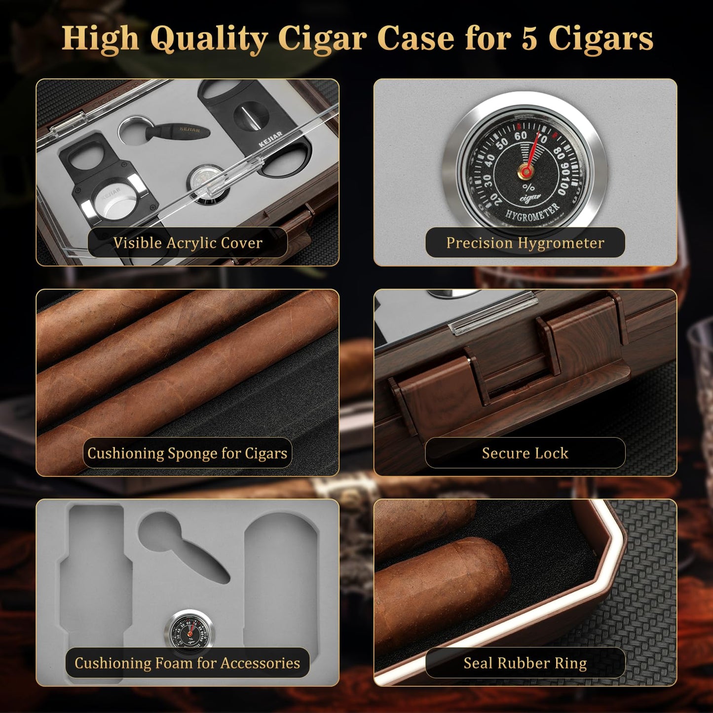 KEJIAR Cigar Humidor Set Travel Humidor for Cigars Includes 2 multifunctional cigar cutters, cigar punch, humidity pack, hygrometer, cigar box Cigar box Gifts for Men