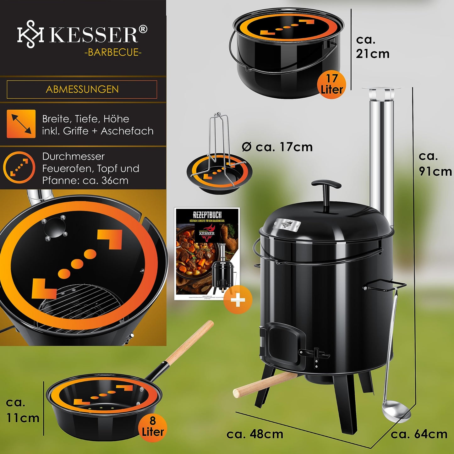 KESSER® Goulash Kettle Goulash Cannon | Dutch oven with grill function Oven Grill Kettle Grill + Chicken roaster 8L pan Goulash pot 17 liters enameled with lid for outdoor kitchen field kitchen