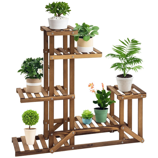 Outsunny Flower Stand Plant Shelf 6 Levels Four-tier Flower Rack Flower Stairs Flower Ladder Solid Wood Charred 98 x 28 x 96.5 cm