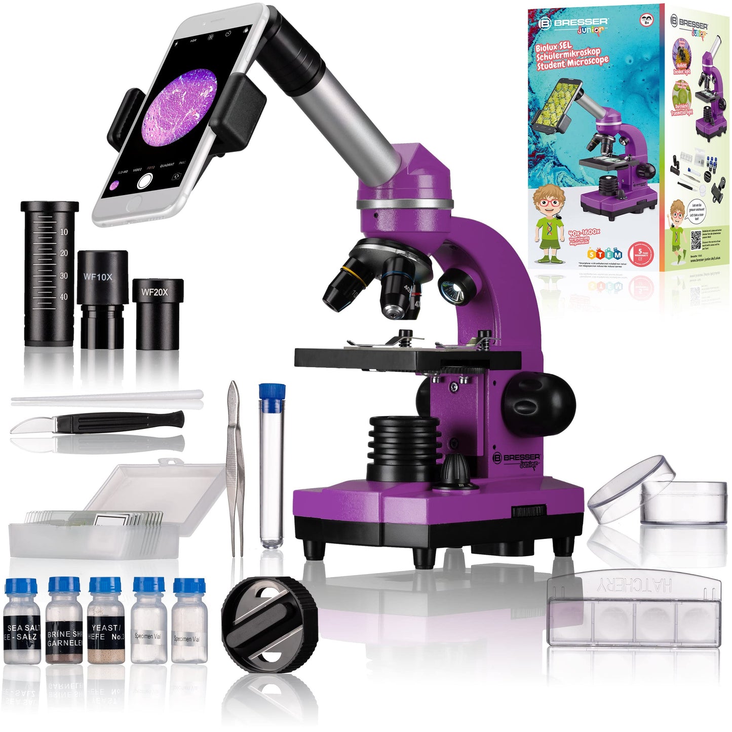 Bresser Junior Student Microscope BIOLUX SEL with smartphone holder, extensive accessories, and Barlow zoom system for children, beginners, and adults, violet.