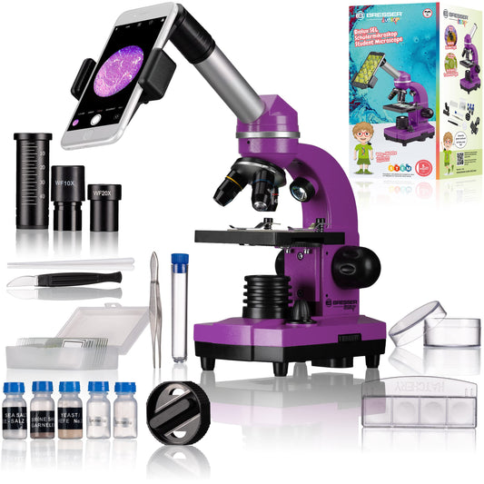 Bresser Junior Student Microscope BIOLUX SEL with smartphone holder, extensive accessories, and Barlow zoom system for children, beginners, and adults, violet.