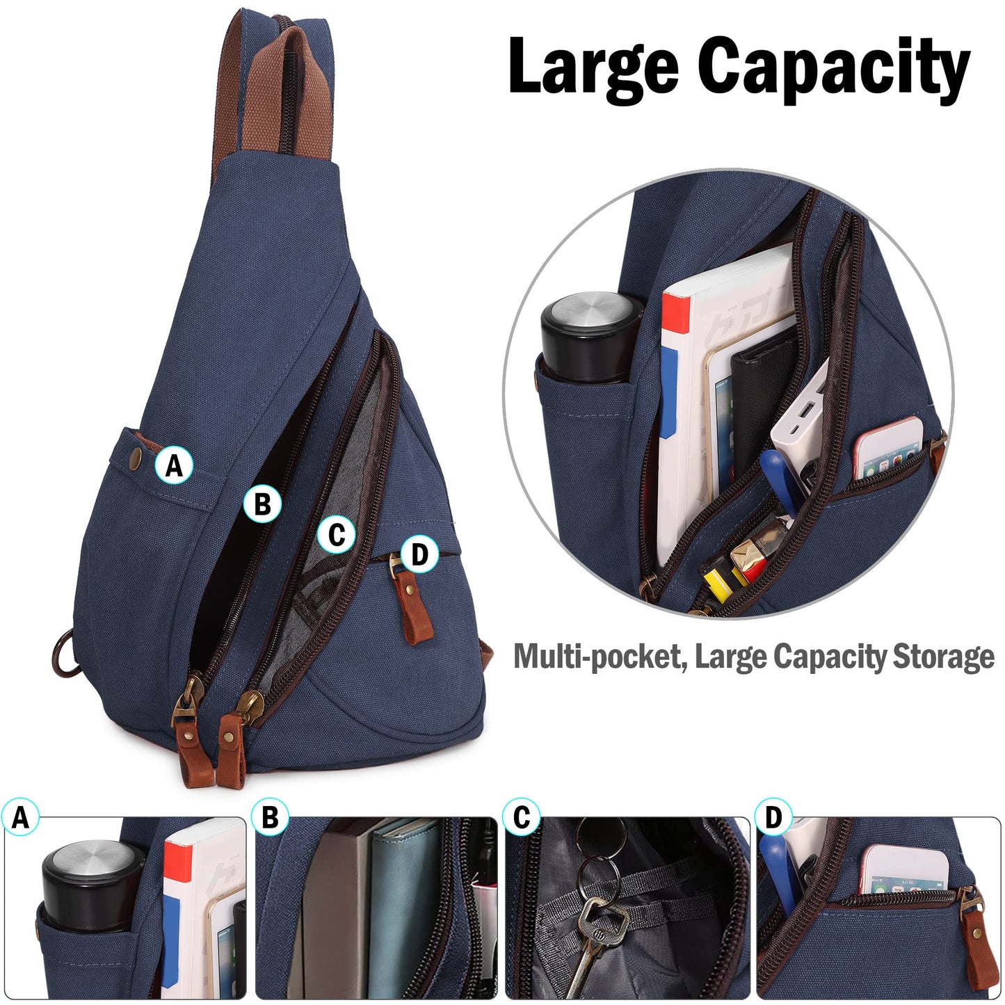 VARLIVOO Retro Men's Sling Bag Women's Crossbody Bag Shoulder Bag Travel Camping Cycling Hiking School Canvas Sling Backpack Navy Blue