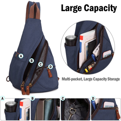 VARLIVOO Retro Men's Sling Bag Women's Crossbody Bag Shoulder Bag Travel Camping Cycling Hiking School Canvas Sling Backpack Navy Blue