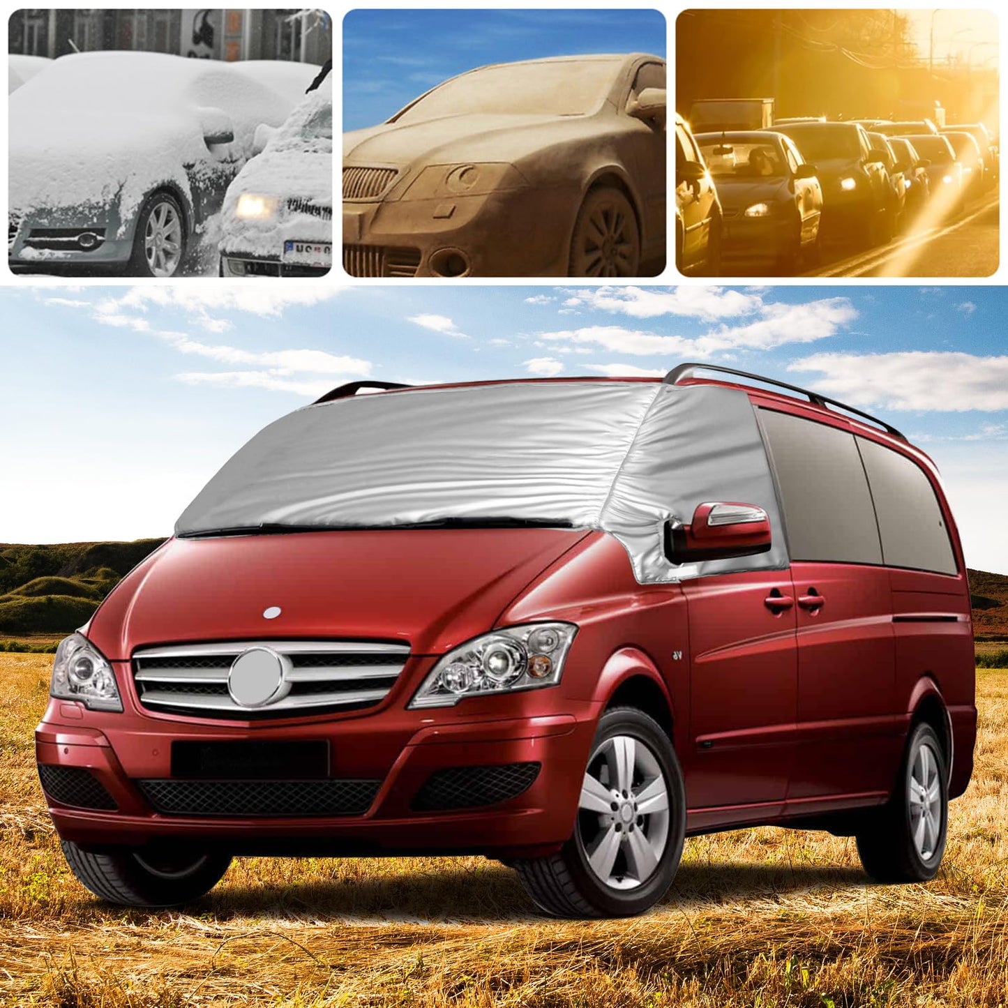 Opaltool External Thermo Windshield Cover for Mercedes-Benz Viano/Vito W639 2003-2014, Luxury Silver Wrap, Foldable Front Windshield Cover Winter Summer Windshield Frost Protection Cover
