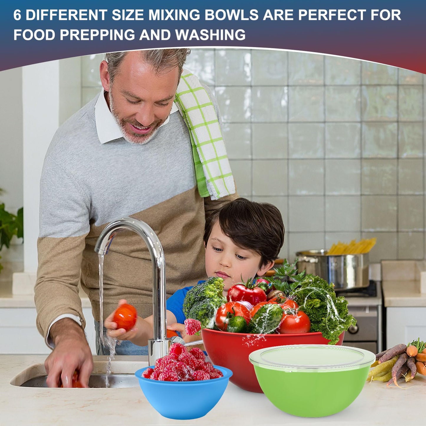 Greentainer salad bowl set with lid, 12-piece plastic mixing bowl set, Stackable mixing bowls with lids for kitchen, Large bowl for baking, Mixing bowls ideal for mixing and serving.
