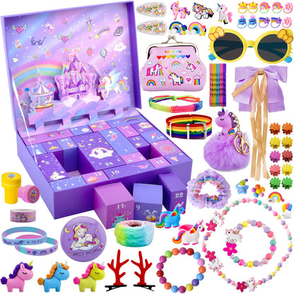 Advent calendar 2025 for girls, Christmas countdown calendar 24 days Christmas countdown unicorn gifts for kids, girls, including hair accessories, hair clips, bracelets, wallet